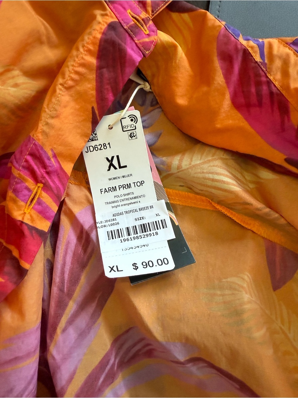 Orange Tropical Print Short-Sleeve Women’s Shirt- Farm Rio/Adidas - Picture 4 of 6